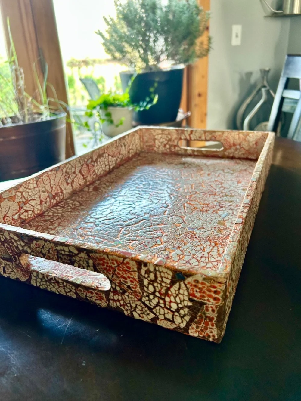 Vintage Pier 1 Imports, Mosaic Style Serving Tray, Orange & White